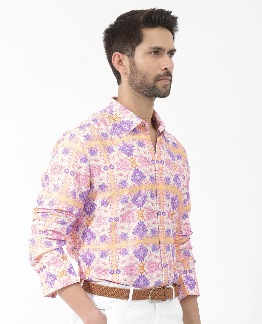 Rare Rabbit Men's Bodem Pink Viscose Decorative Print Regular Fit Full Sleeve Collared Shirt
