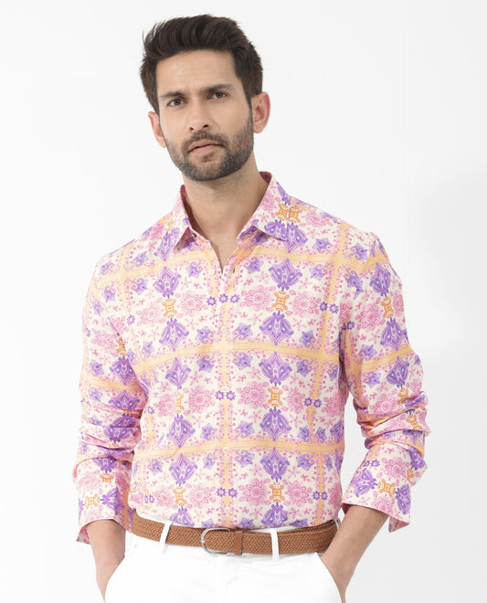 Rare Rabbit Men's Bodem Pink Viscose Decorative Print Regular Fit Full Sleeve Collared Shirt