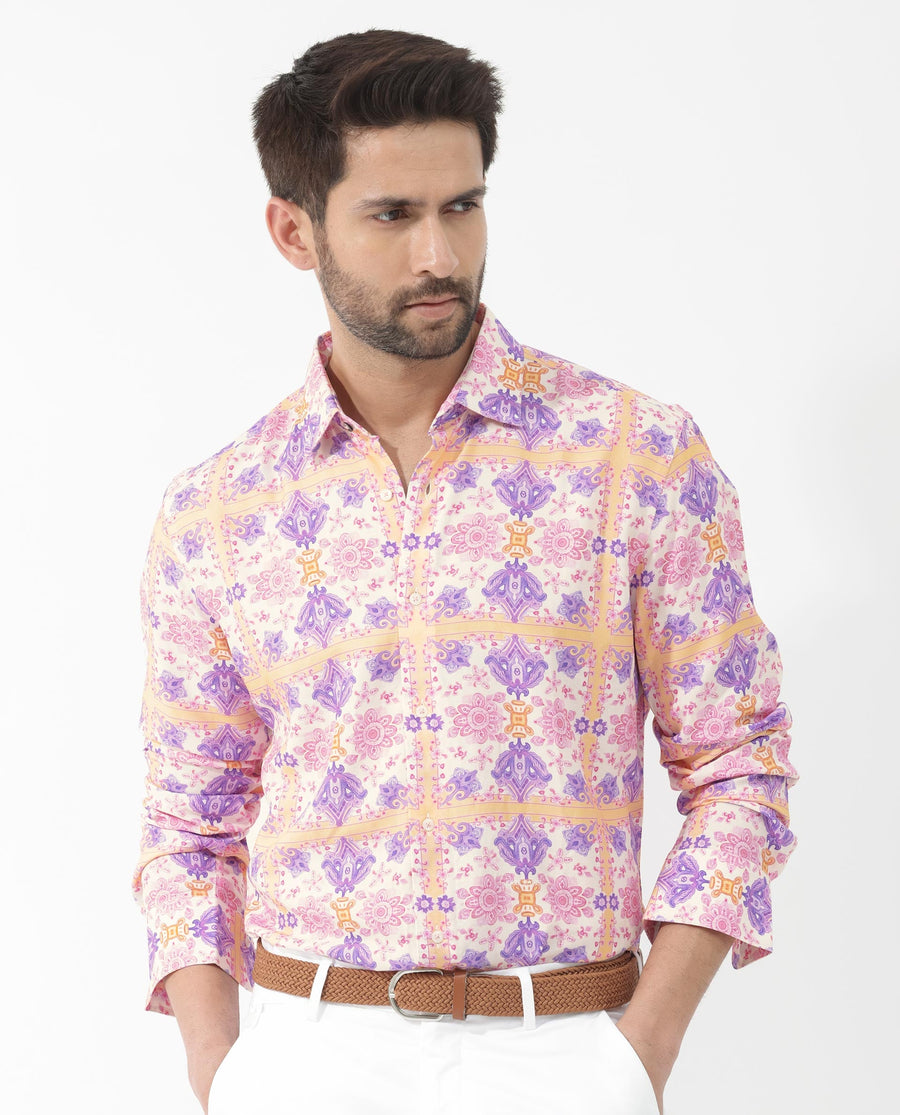 Rare Rabbit Men's Bodem Pink Viscose Decorative Print Regular Fit Full Sleeve Collared Shirt