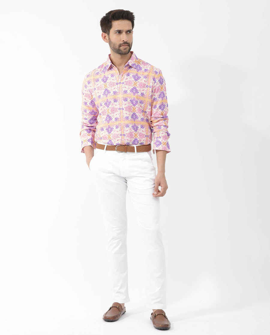 Rare Rabbit Men's Bodem Pink Viscose Decorative Print Regular Fit Full Sleeve Collared Shirt