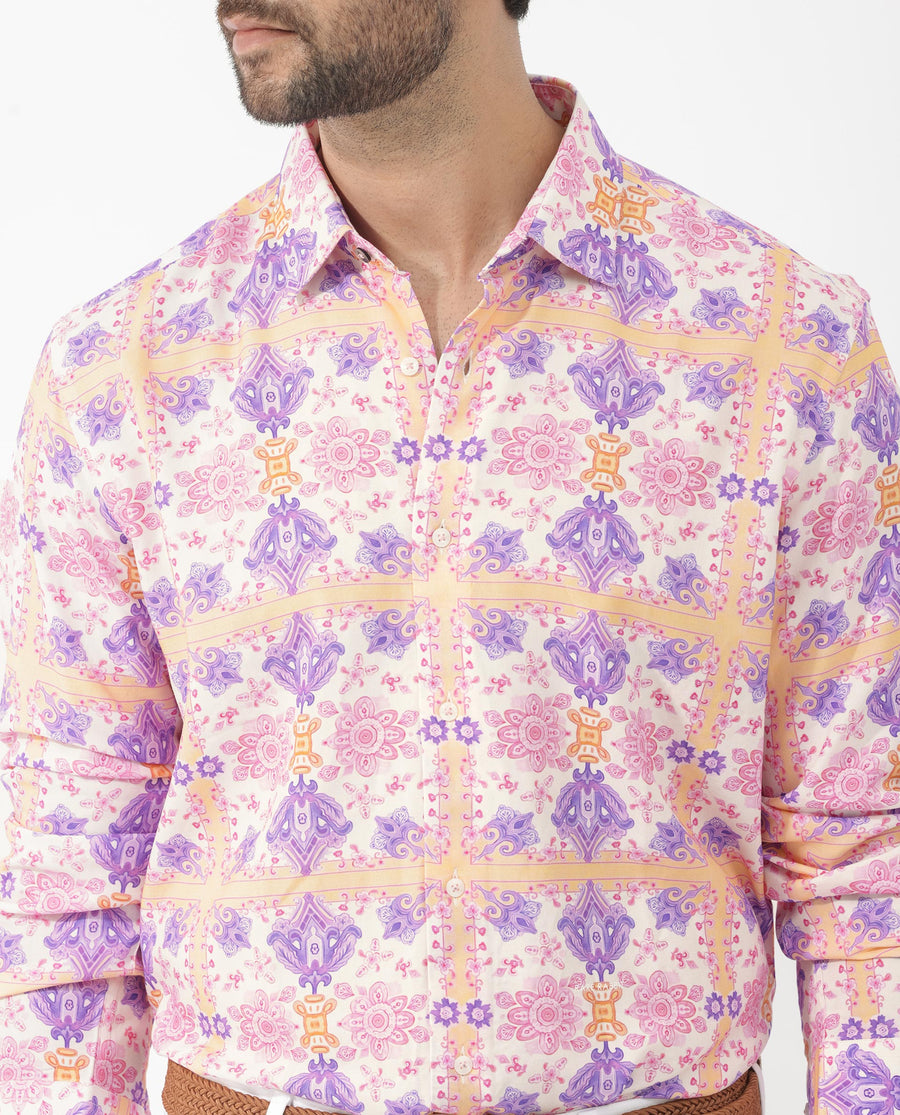 Rare Rabbit Men's Bodem Pink Viscose Decorative Print Regular Fit Full Sleeve Collared Shirt