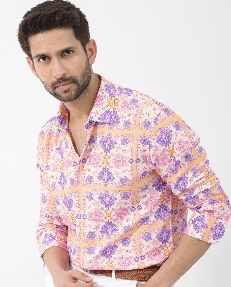 Rare Rabbit Men's Bodem Pink Viscose Decorative Print Regular Fit Full Sleeve Collared Shirt