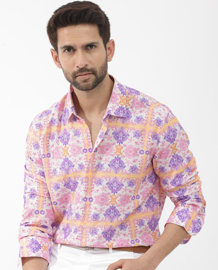 Rare Rabbit Men's Bodem Pink Viscose Decorative Print Regular Fit Full Sleeve Collared Shirt
