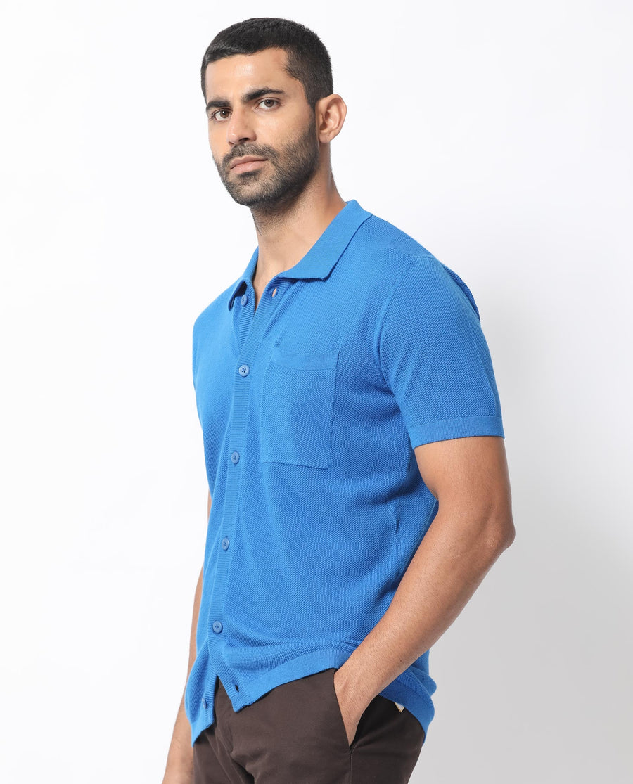 Rare Rabbit Men's Boise Ss Flouroscent Blue Cotton Plain Regular Fit Half Sleeve Collared Shirt