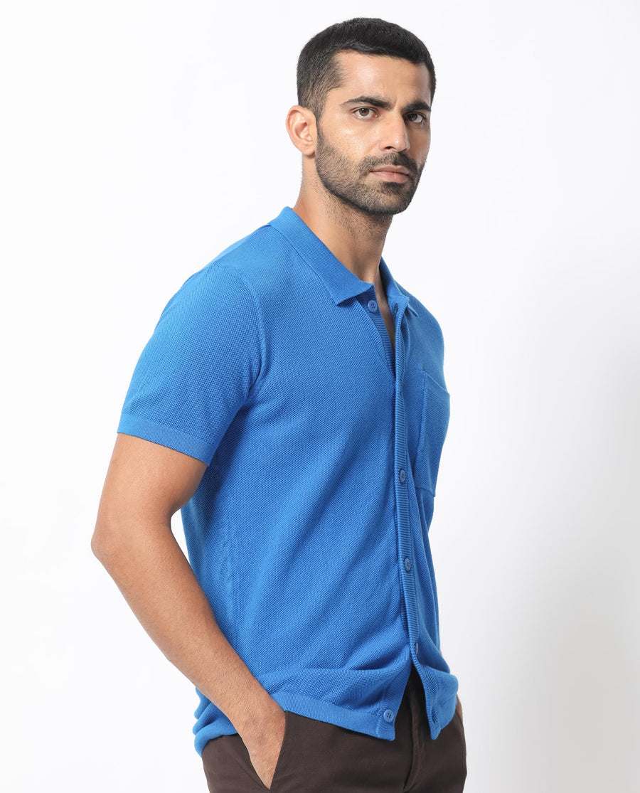 Rare Rabbit Men's Boise Ss Flouroscent Blue Cotton Plain Regular Fit Half Sleeve Collared Shirt