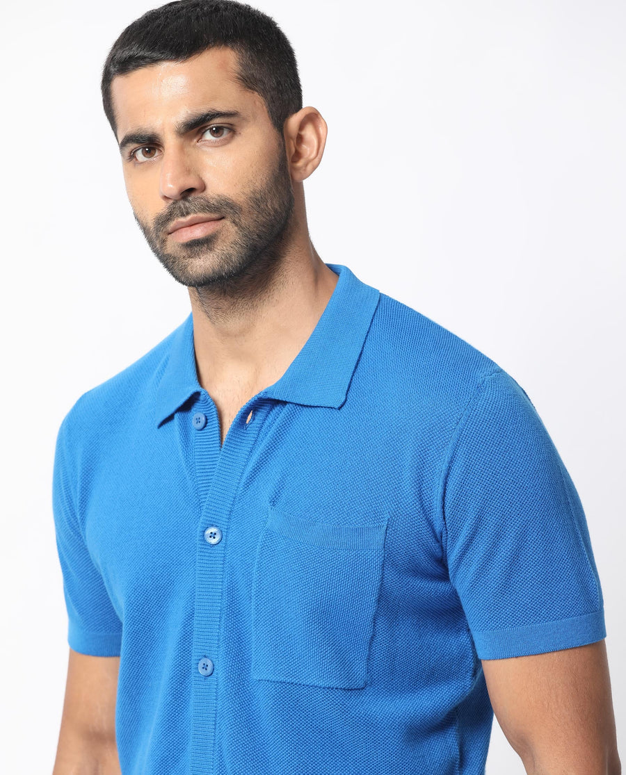 Rare Rabbit Men's Boise Ss Flouroscent Blue Cotton Plain Regular Fit Half Sleeve Collared Shirt