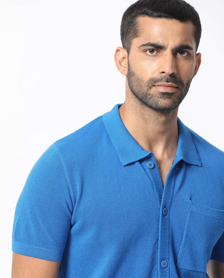 Rare Rabbit Men's Boise Ss Flouroscent Blue Cotton Plain Regular Fit Half Sleeve Collared Shirt