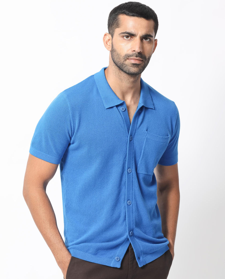Rare Rabbit Men's Boise Ss Flouroscent Blue Cotton Plain Regular Fit Half Sleeve Collared Shirt