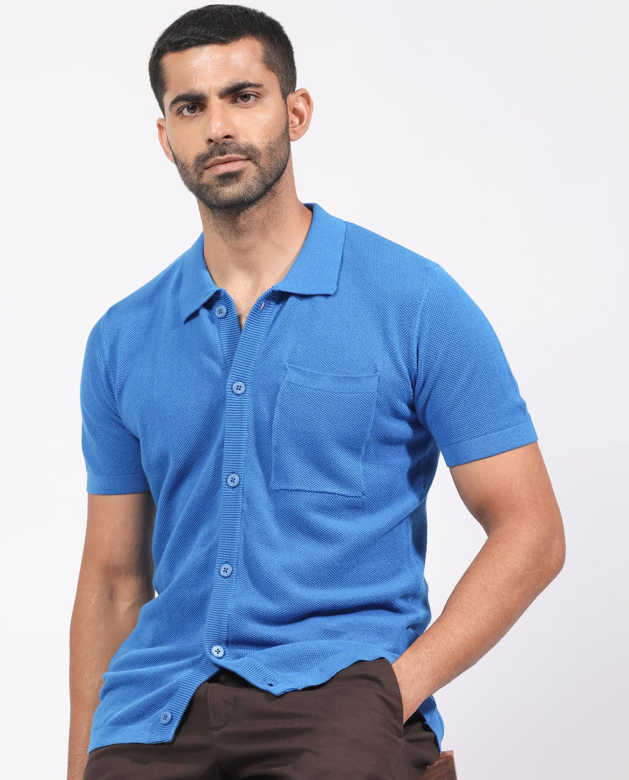Rare Rabbit Men's Boise Ss Flouroscent Blue Cotton Plain Regular Fit Half Sleeve Collared Shirt