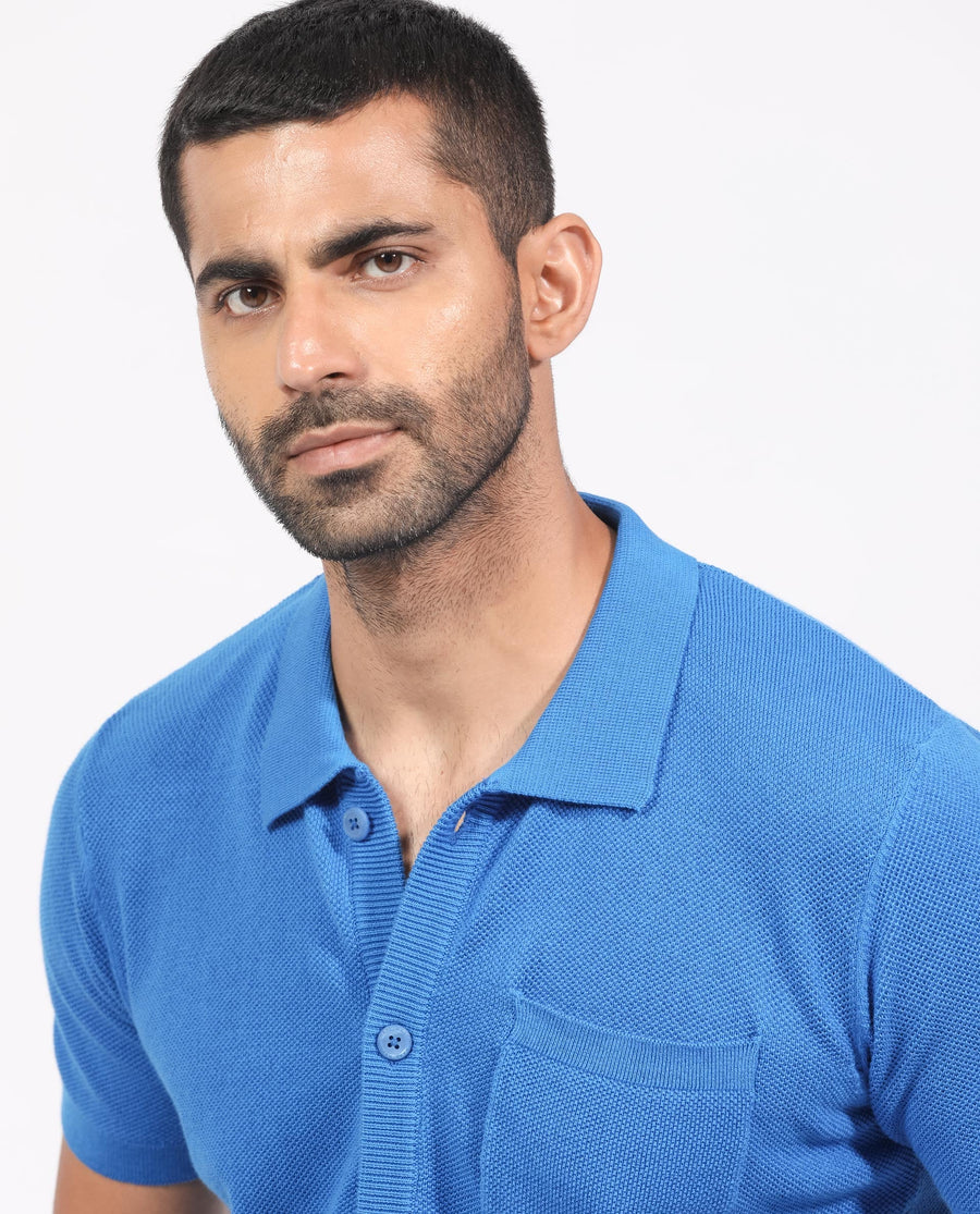 Rare Rabbit Men's Boise Ss Flouroscent Blue Cotton Plain Regular Fit Half Sleeve Collared Shirt