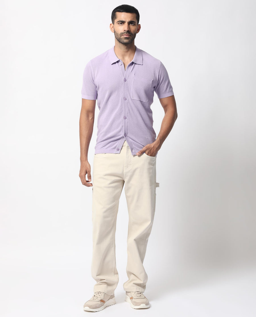 Rare Rabbit Men's Boise Ss Pastel Purple Cotton Plain Regular Fit Half Sleeve Collared Shirt