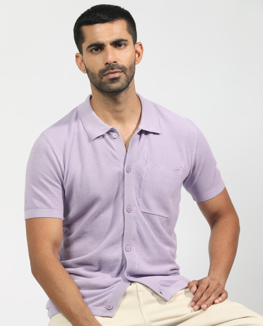 Rare Rabbit Men's Boise Ss Pastel Purple Cotton Plain Regular Fit Half Sleeve Collared Shirt