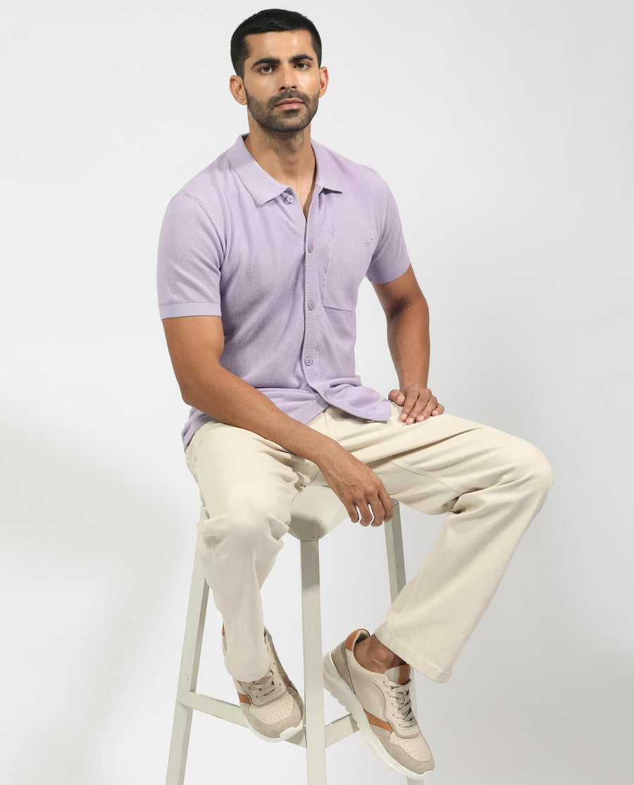Rare Rabbit Men's Boise Ss Pastel Purple Cotton Plain Regular Fit Half Sleeve Collared Shirt