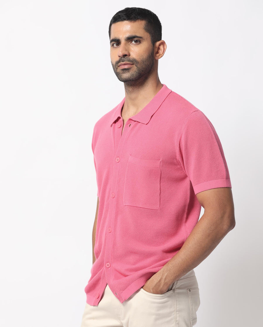 Rare Rabbit Men's Boise Ss Flouroscent Pink Cotton Plain Regular Fit Half Sleeve Collared Shirt