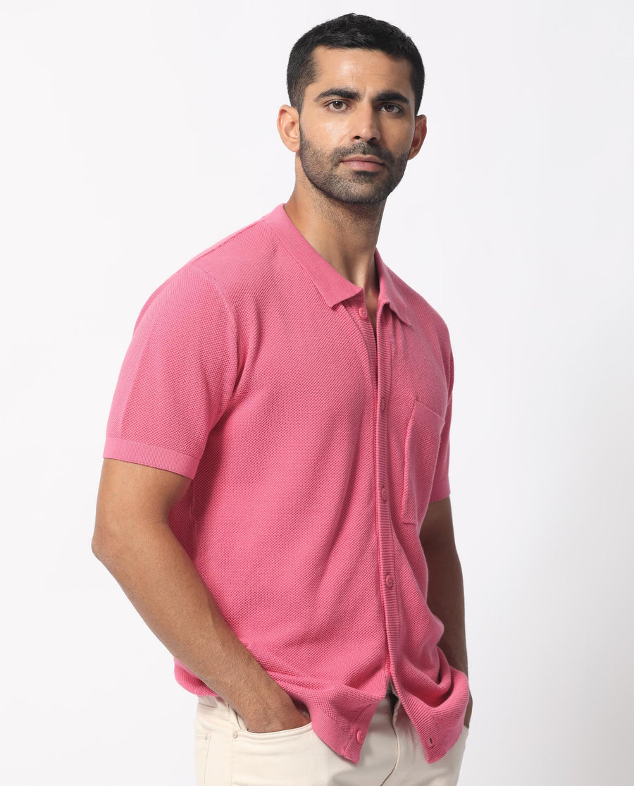 Rare Rabbit Men's Boise Ss Flouroscent Pink Cotton Plain Regular Fit Half Sleeve Collared Shirt