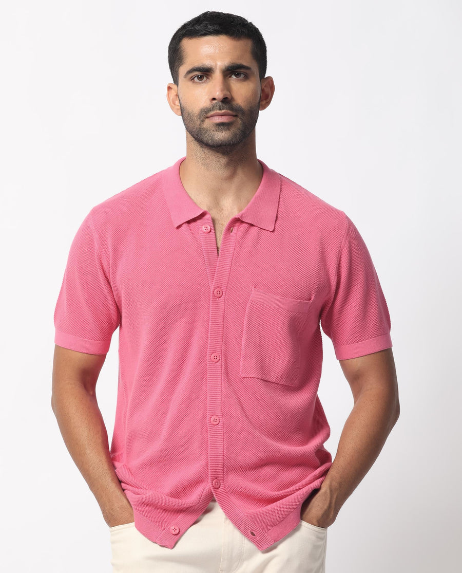 Rare Rabbit Men's Boise Ss Flouroscent Pink Cotton Plain Regular Fit Half Sleeve Collared Shirt