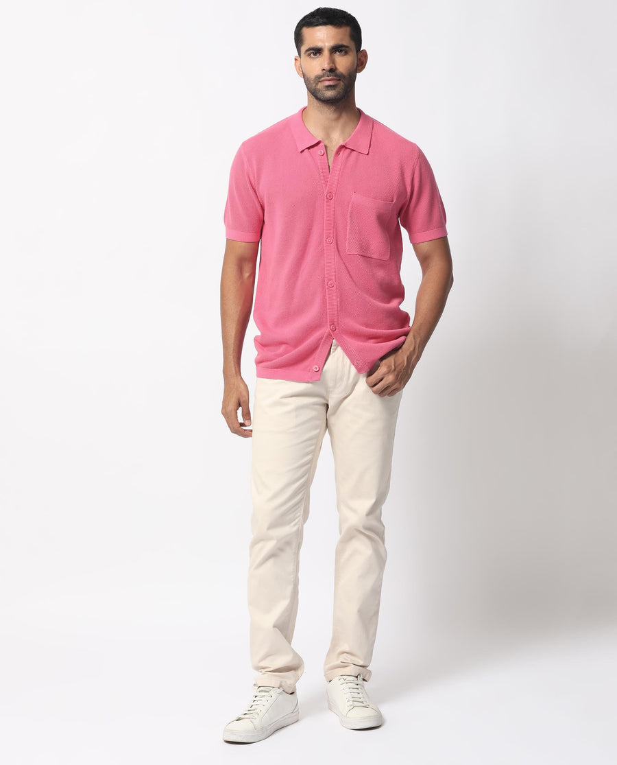 Rare Rabbit Men's Boise Ss Flouroscent Pink Cotton Plain Regular Fit Half Sleeve Collared Shirt