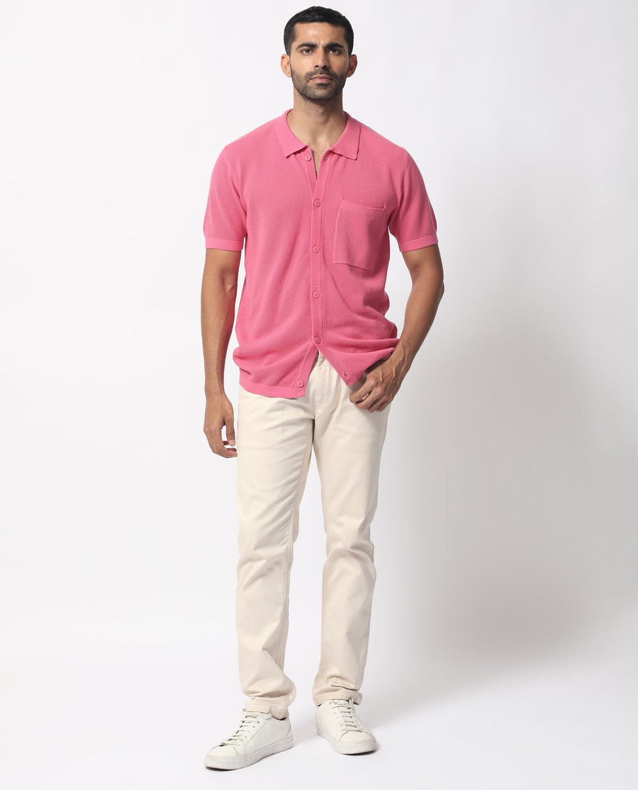 Rare Rabbit Men's Boise Ss Flouroscent Pink Cotton Plain Regular Fit Half Sleeve Collared Shirt
