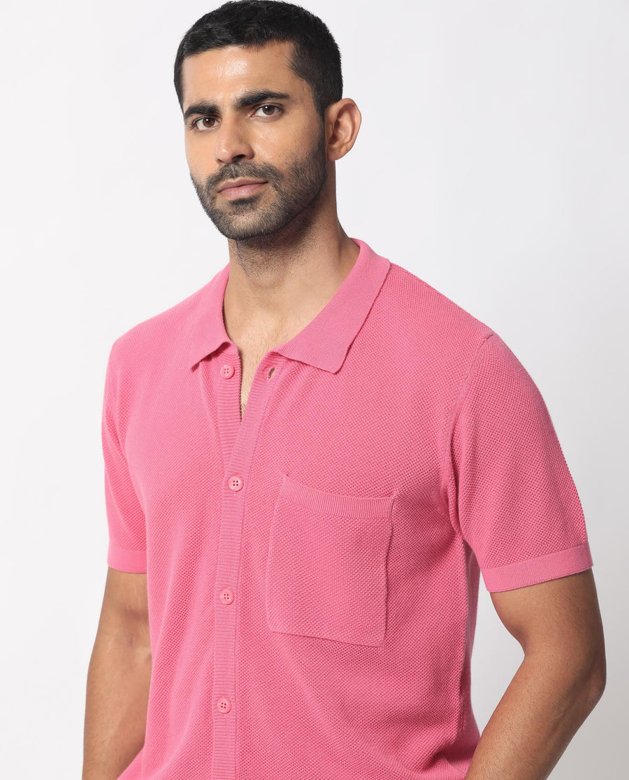 Rare Rabbit Men's Boise Ss Flouroscent Pink Cotton Plain Regular Fit Half Sleeve Collared Shirt