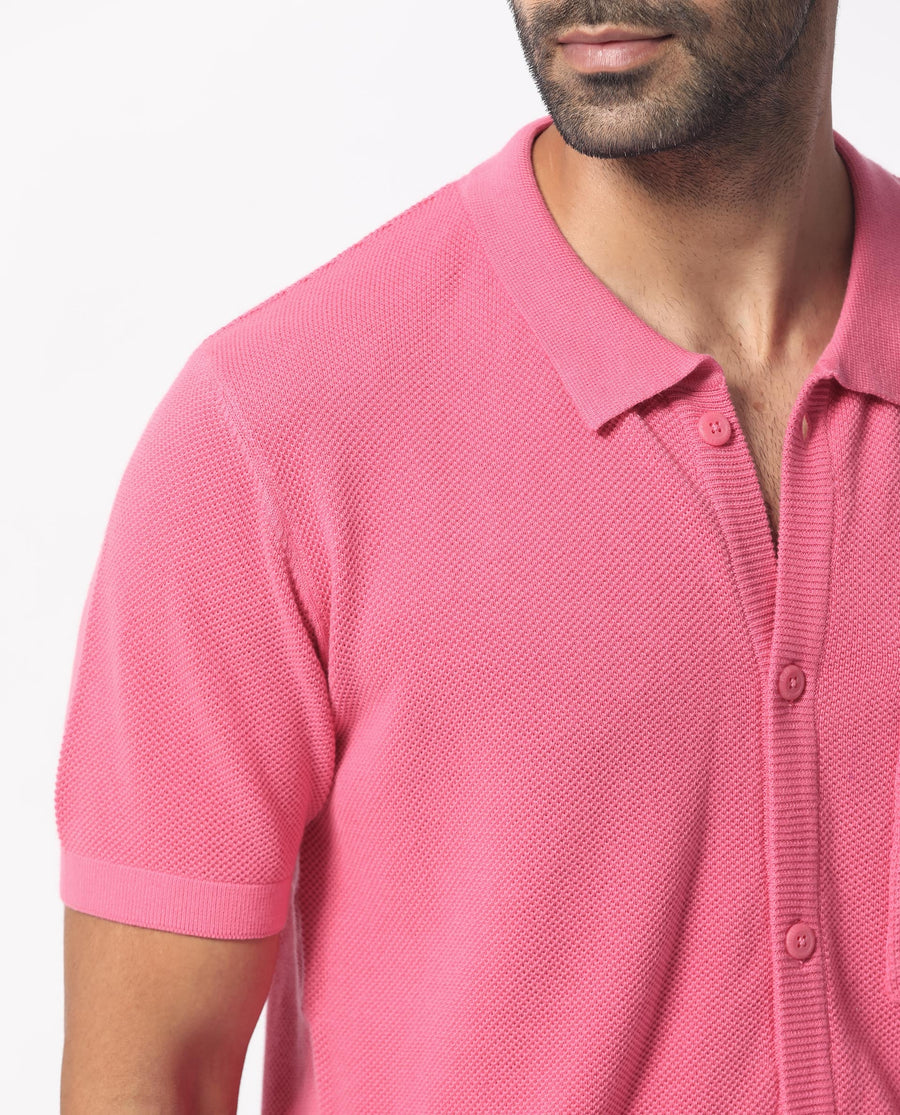 Rare Rabbit Men's Boise Ss Flouroscent Pink Cotton Plain Regular Fit Half Sleeve Collared Shirt