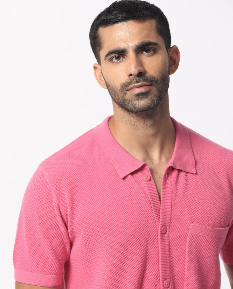 Rare Rabbit Men's Boise Ss Flouroscent Pink Cotton Plain Regular Fit Half Sleeve Collared Shirt