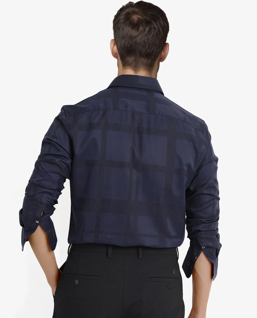 Rare Rabbit Men's Bolin Dark Navy Cotton Striped Print Regular Fit Full Sleeve Collared Shirt