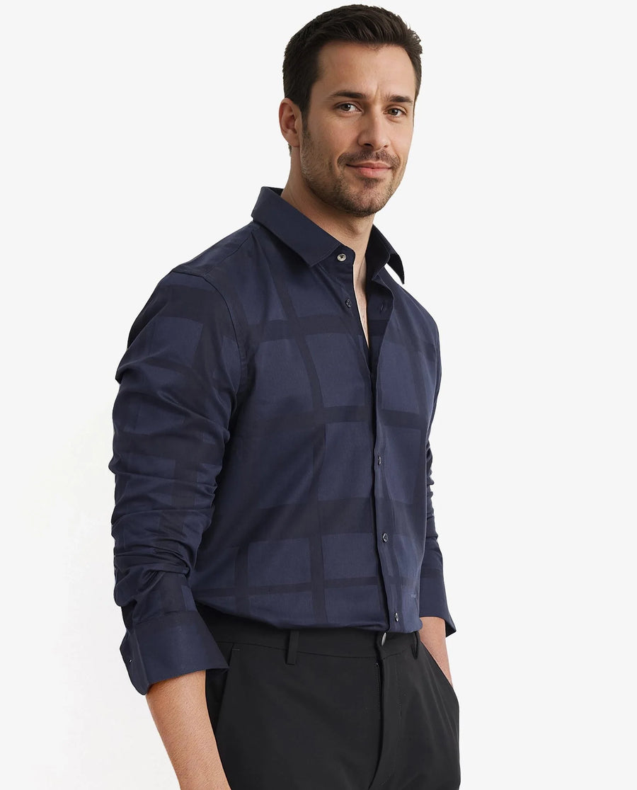 Rare Rabbit Men's Bolin Dark Navy Cotton Striped Print Regular Fit Full Sleeve Collared Shirt