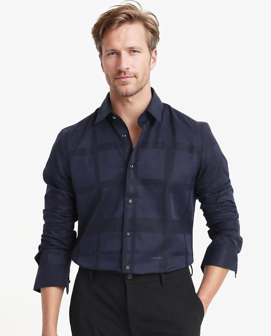 Rare Rabbit Men's Bolin Dark Navy Cotton Striped Print Regular Fit Full Sleeve Collared Shirt