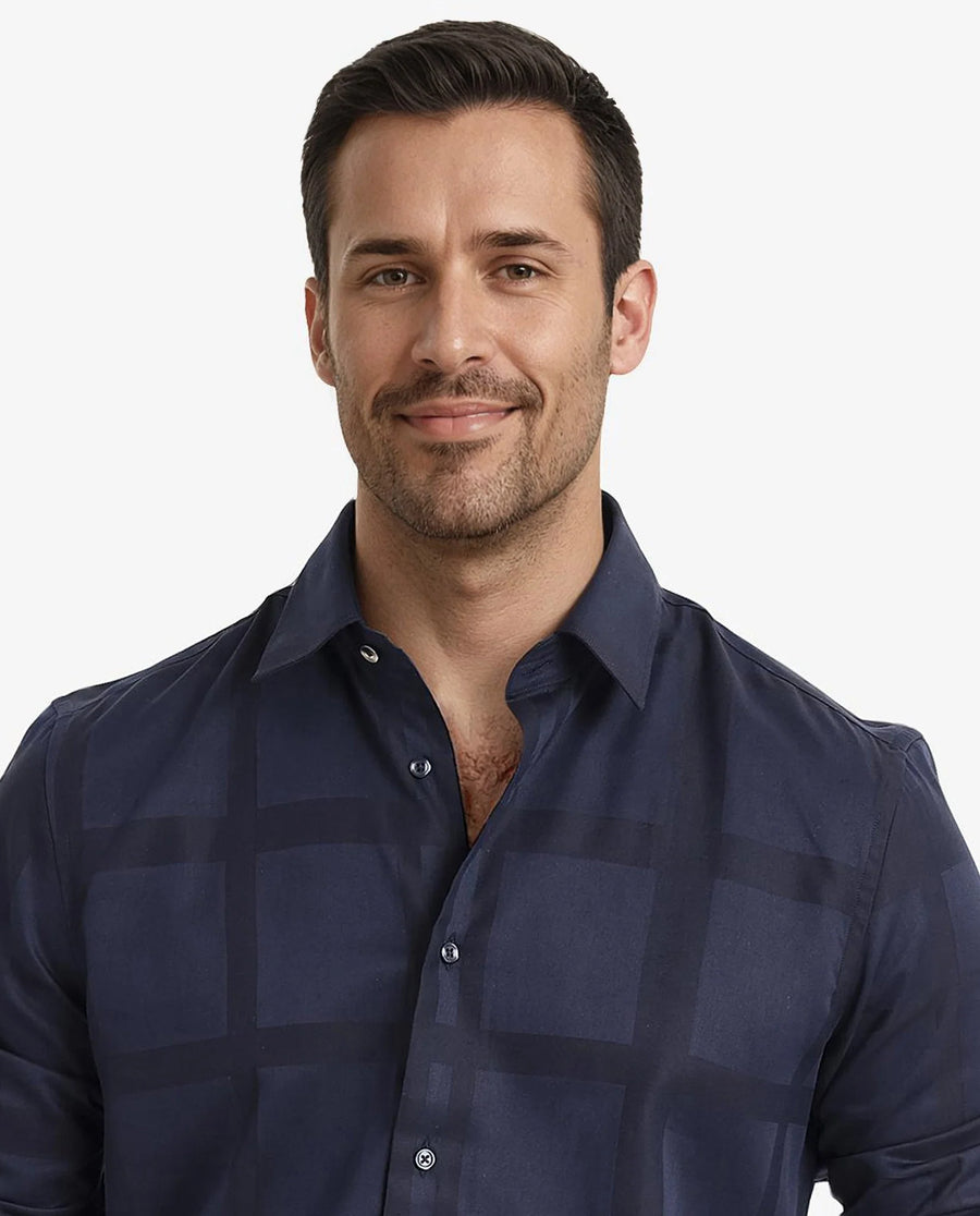 Rare Rabbit Men's Bolin Dark Navy Cotton Striped Print Regular Fit Full Sleeve Collared Shirt