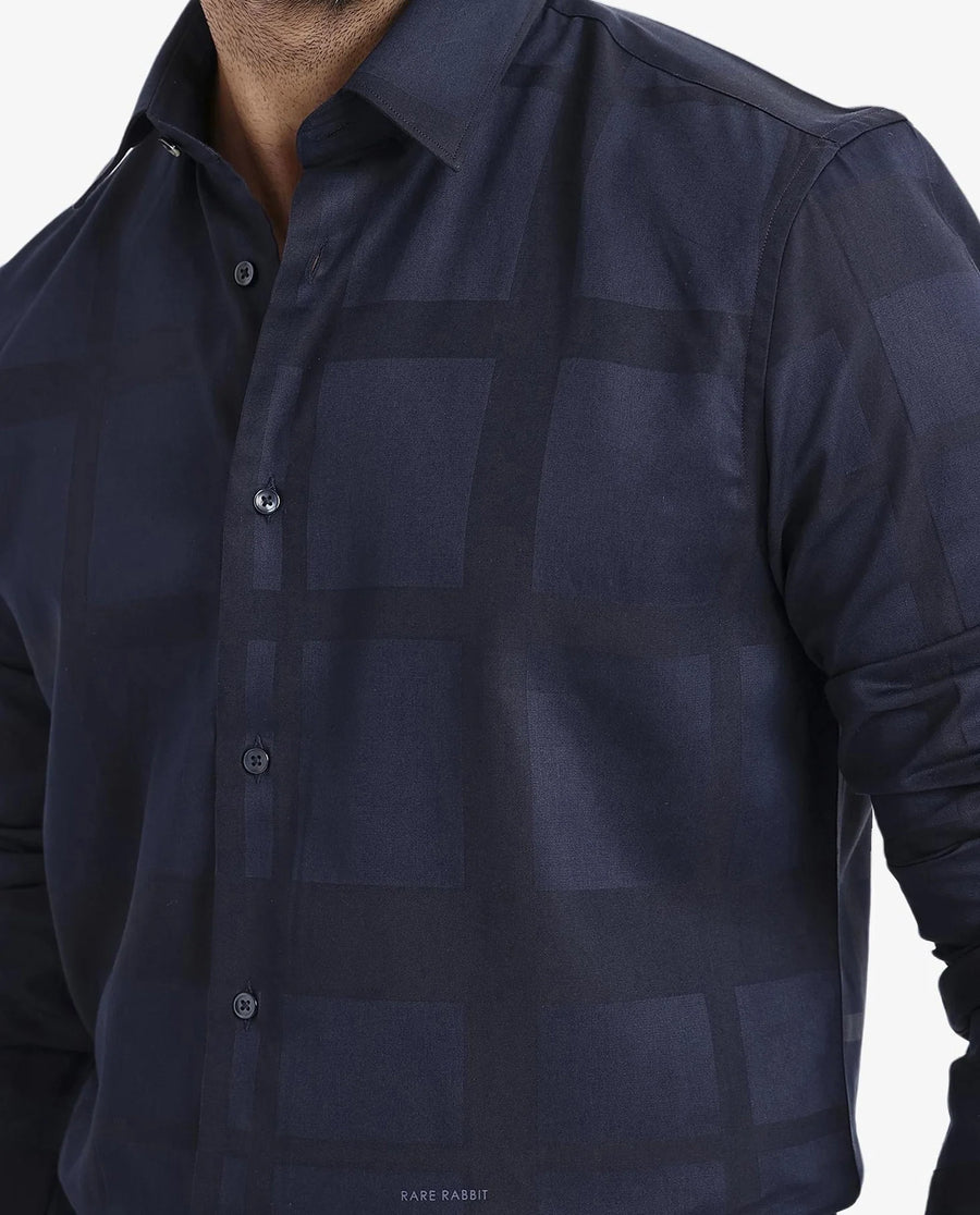 Rare Rabbit Men's Bolin Dark Navy Cotton Striped Print Regular Fit Full Sleeve Collared Shirt