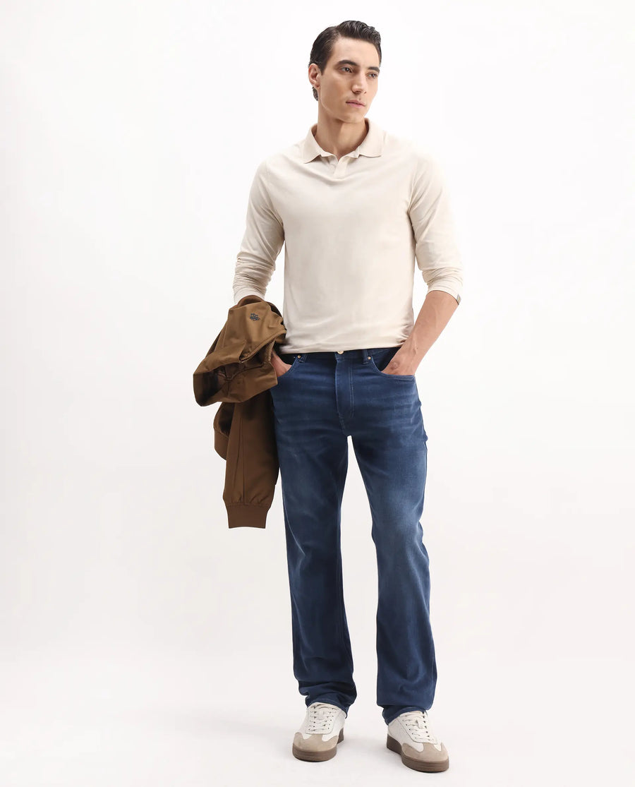 Rare Rabbit Men's Bolt Blue Cotton Blend Plain Morris Regular Fit Jeans