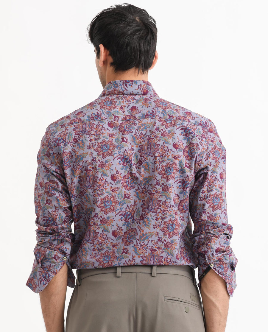 Rare Rabbit Men's Boltonn Purple Cotton Floral Print Regular Fit Full Sleeve Collared Shirt