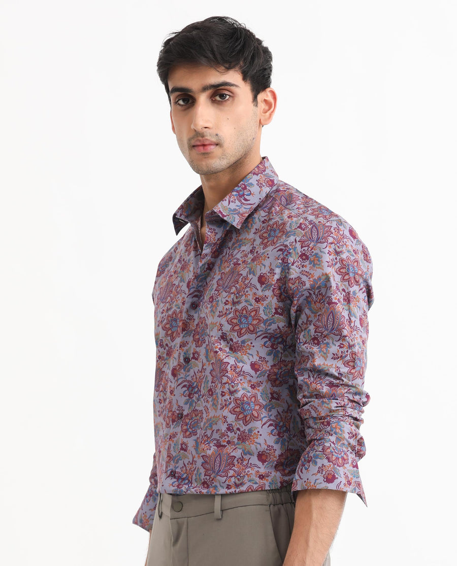 Rare Rabbit Men's Boltonn Purple Cotton Floral Print Regular Fit Full Sleeve Collared Shirt
