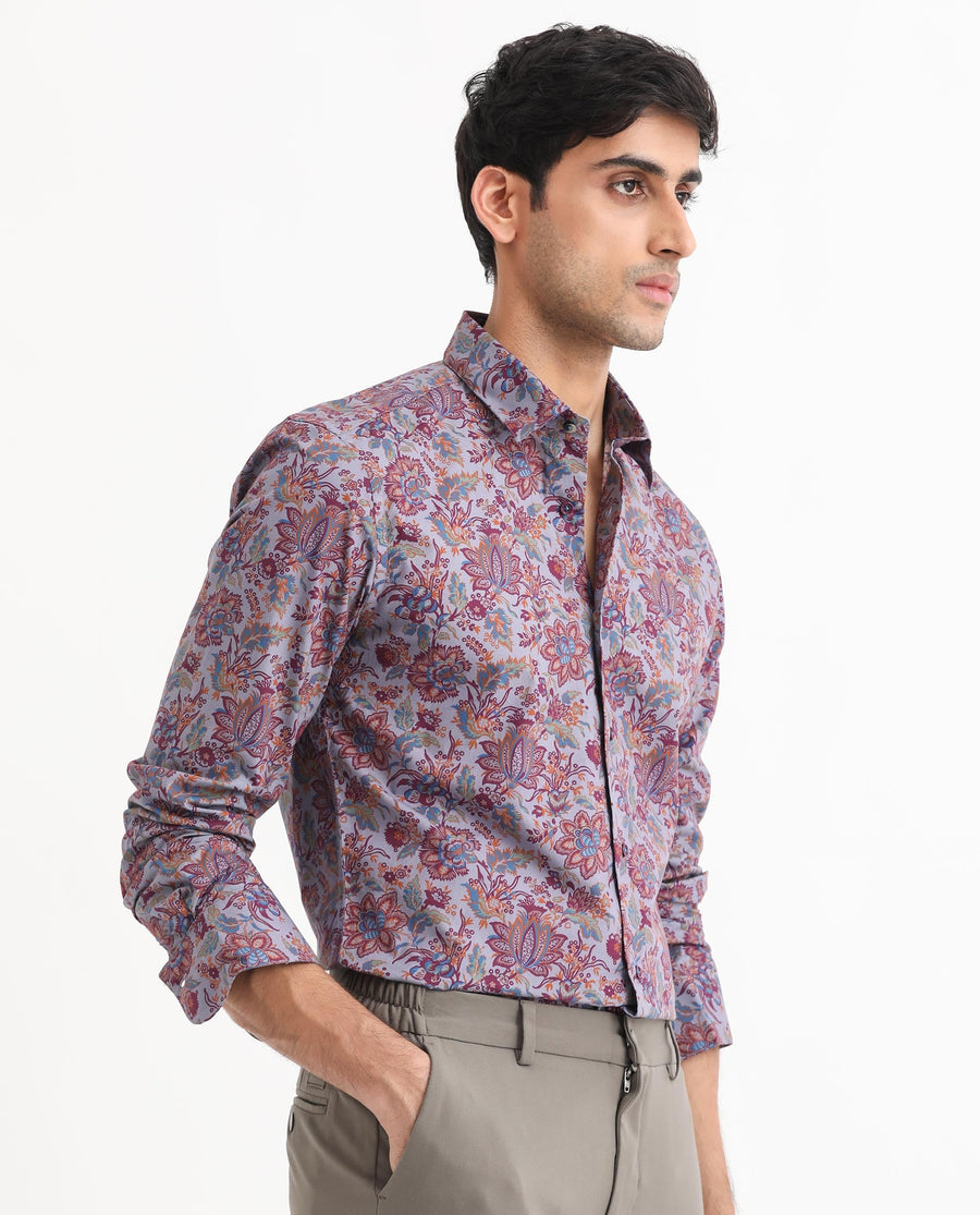 Rare Rabbit Men's Boltonn Purple Cotton Floral Print Regular Fit Full Sleeve Collared Shirt