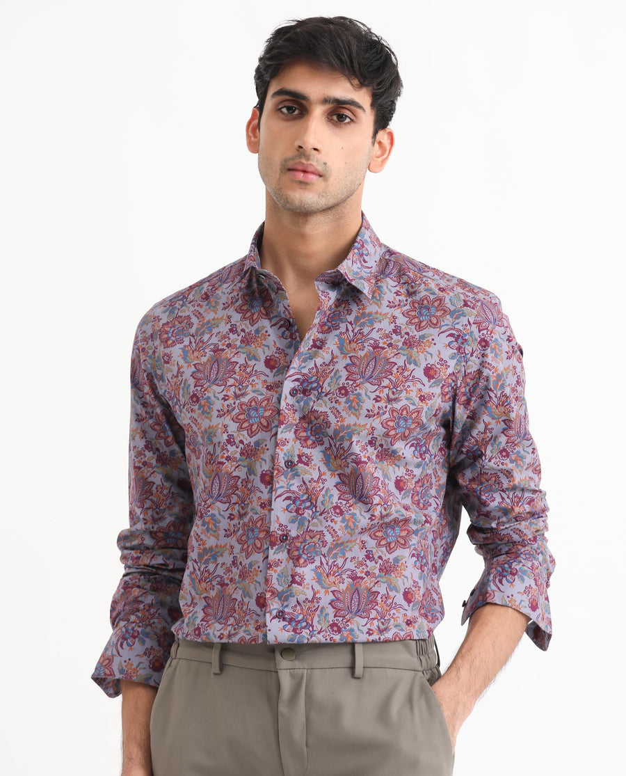 Rare Rabbit Men's Boltonn Purple Cotton Floral Print Regular Fit Full Sleeve Collared Shirt