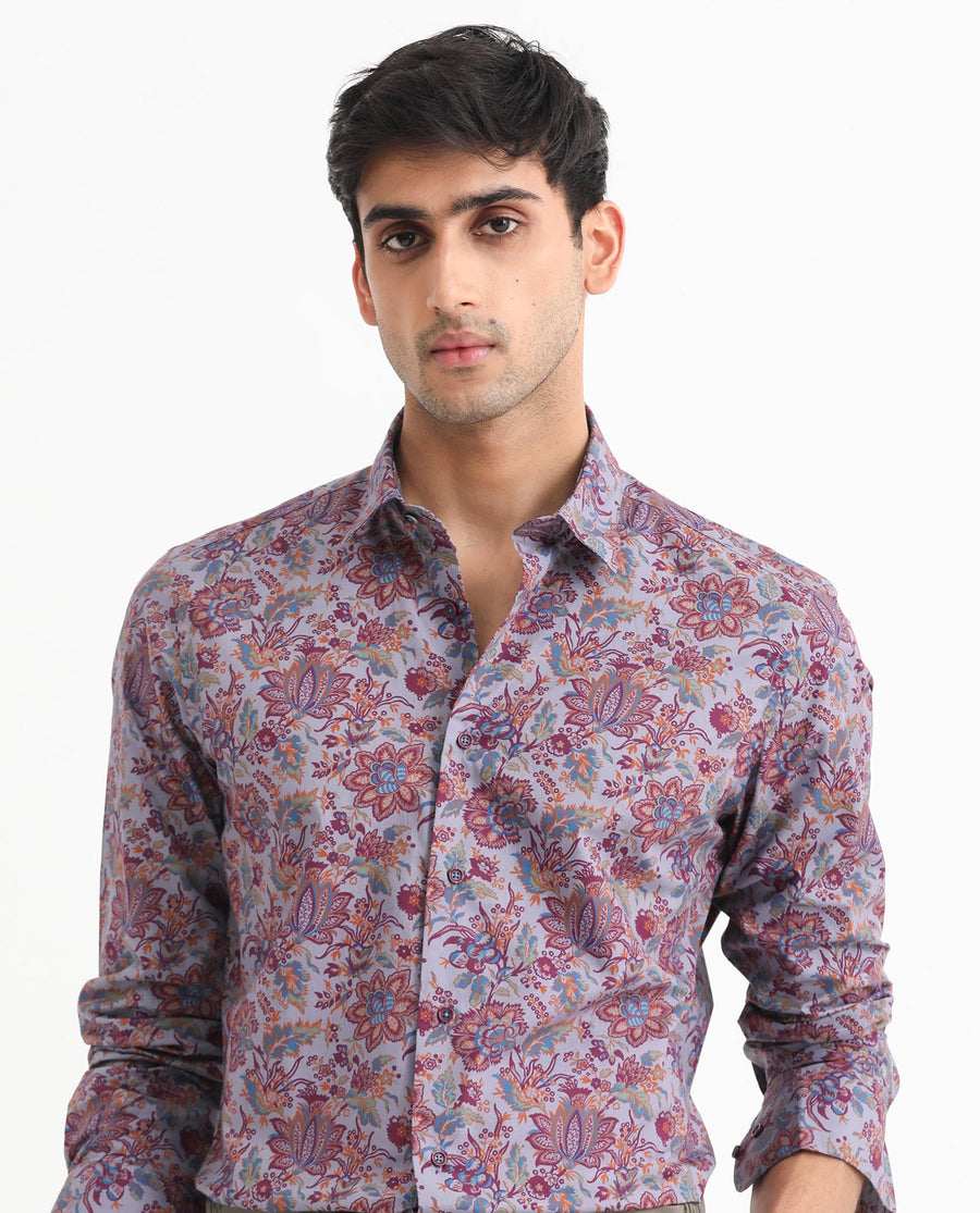 Rare Rabbit Men's Boltonn Purple Cotton Floral Print Regular Fit Full Sleeve Collared Shirt
