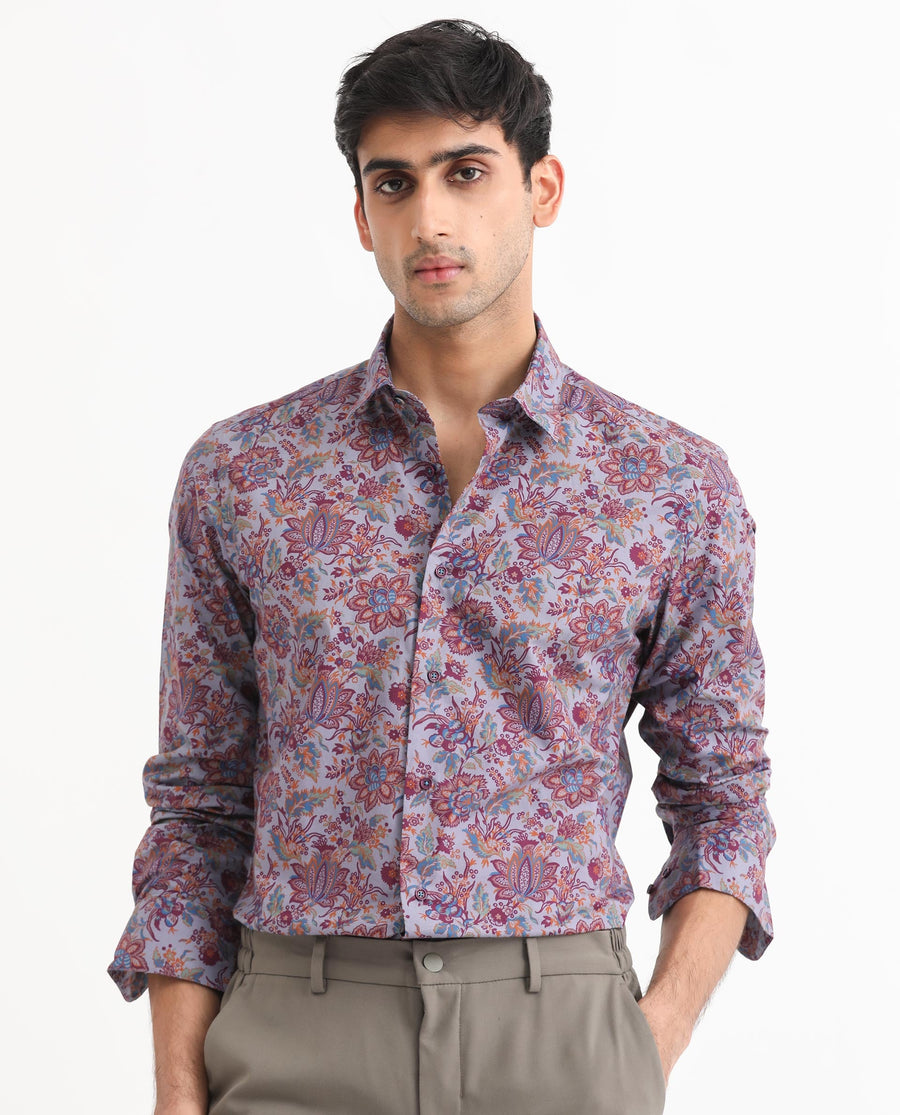 Rare Rabbit Men's Boltonn Purple Cotton Floral Print Regular Fit Full Sleeve Collared Shirt