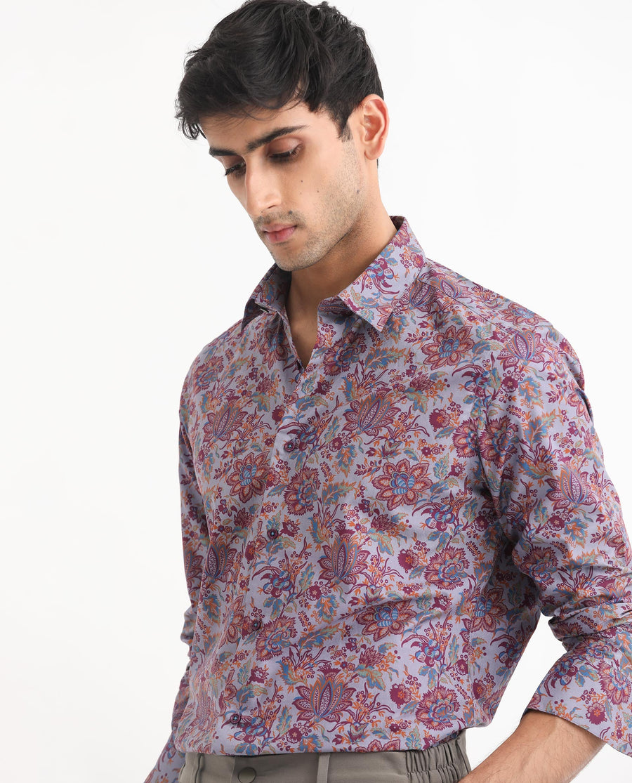 Rare Rabbit Men's Boltonn Purple Cotton Floral Print Regular Fit Full Sleeve Collared Shirt