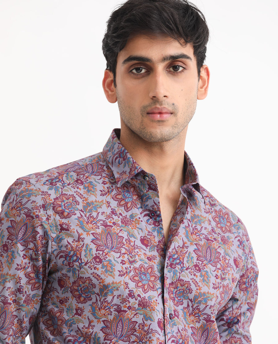 Rare Rabbit Men's Boltonn Purple Cotton Floral Print Regular Fit Full Sleeve Collared Shirt