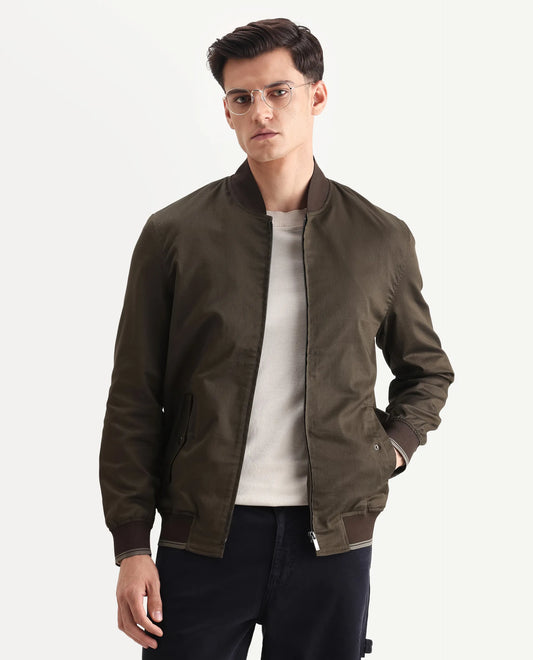 Rare Rabbit Men's Bom Olive Polyester Blend Fabric Ribbed Collar Regular Plain Jacket