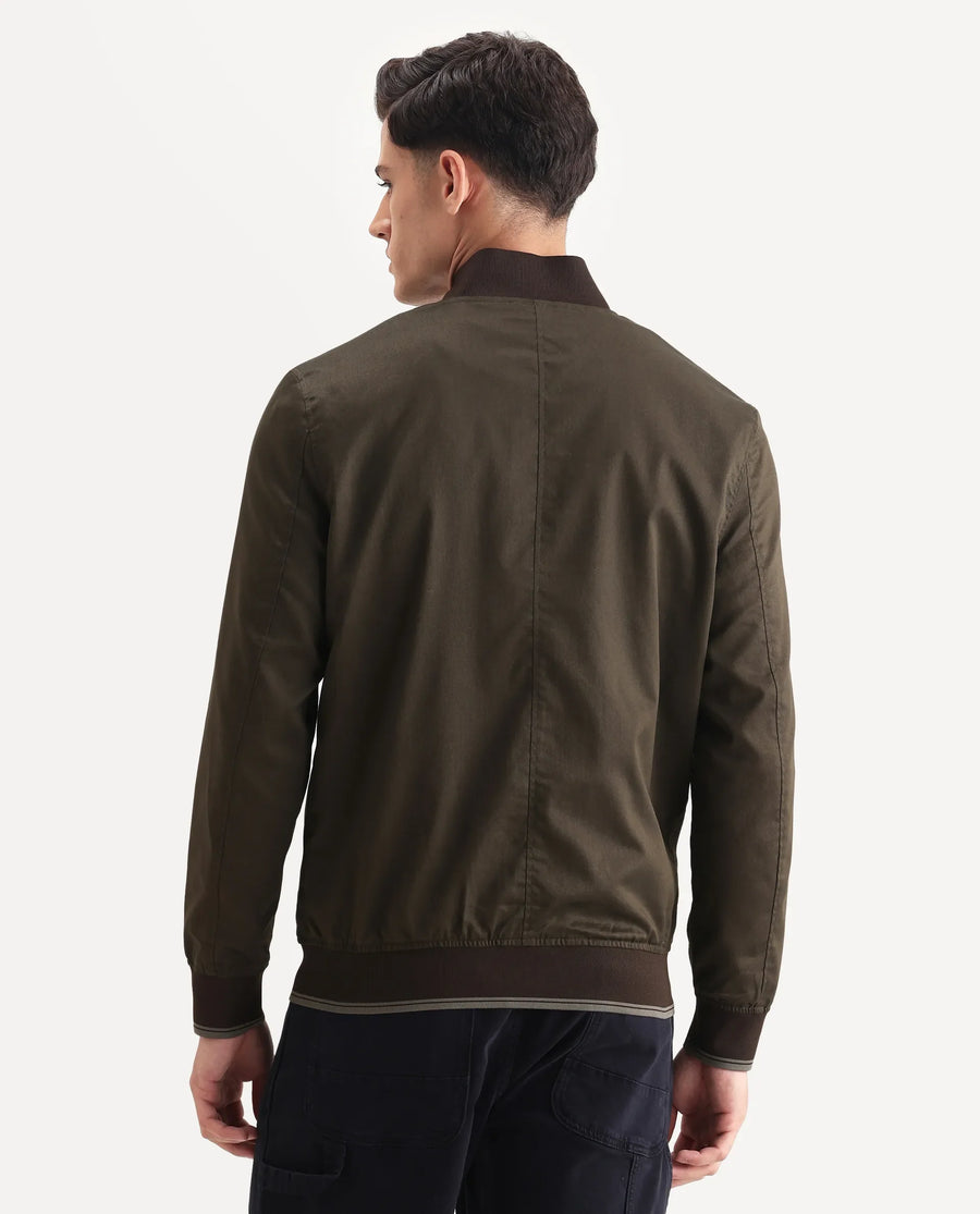 Rare Rabbit Men's Bom Olive Polyester Blend Fabric Ribbed Collar Regular Plain Jacket