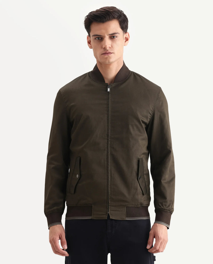 Rare Rabbit Men's Bom Olive Polyester Blend Fabric Ribbed Collar Regular Plain Jacket