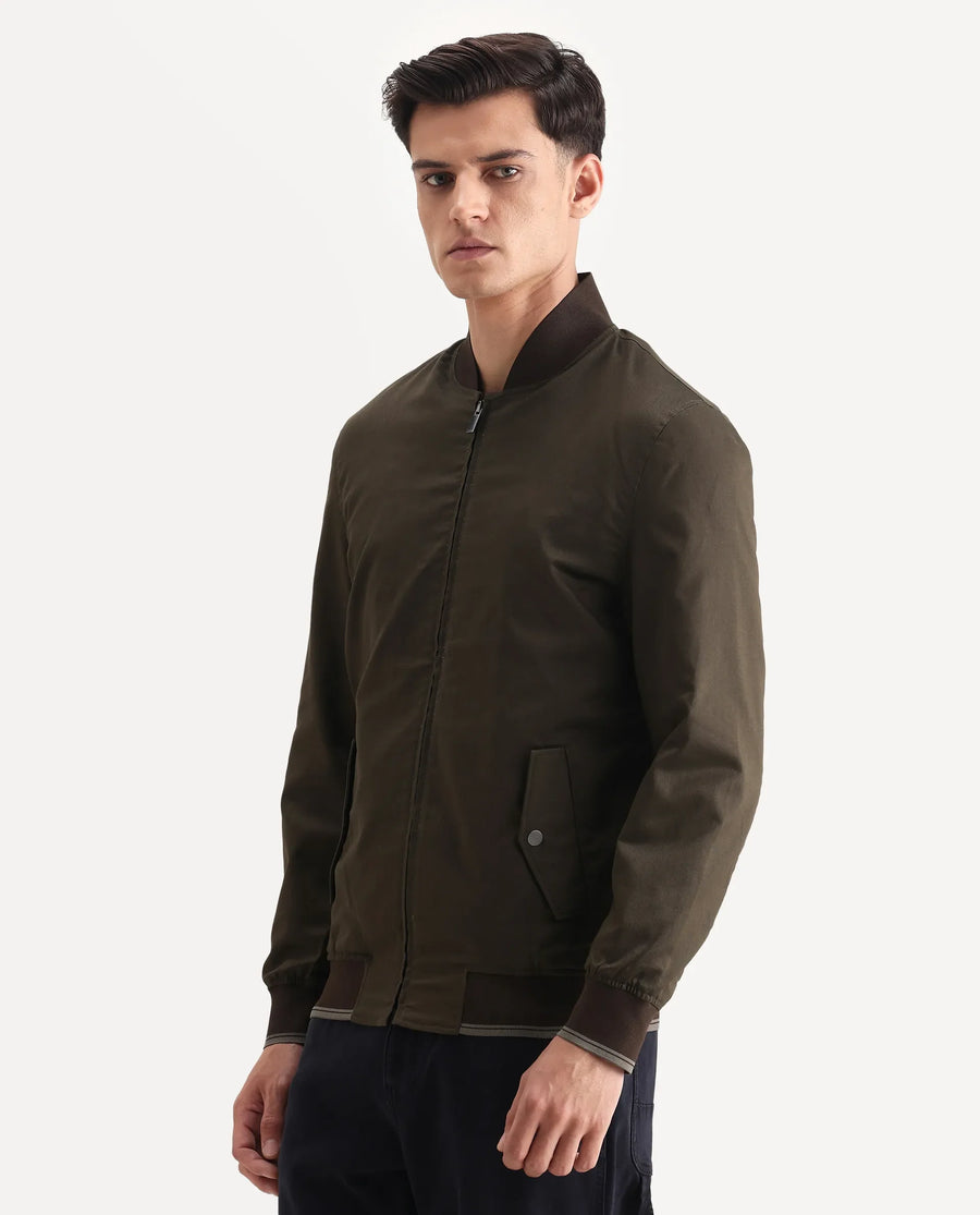 Rare Rabbit Men's Bom Olive Polyester Blend Fabric Ribbed Collar Regular Plain Jacket