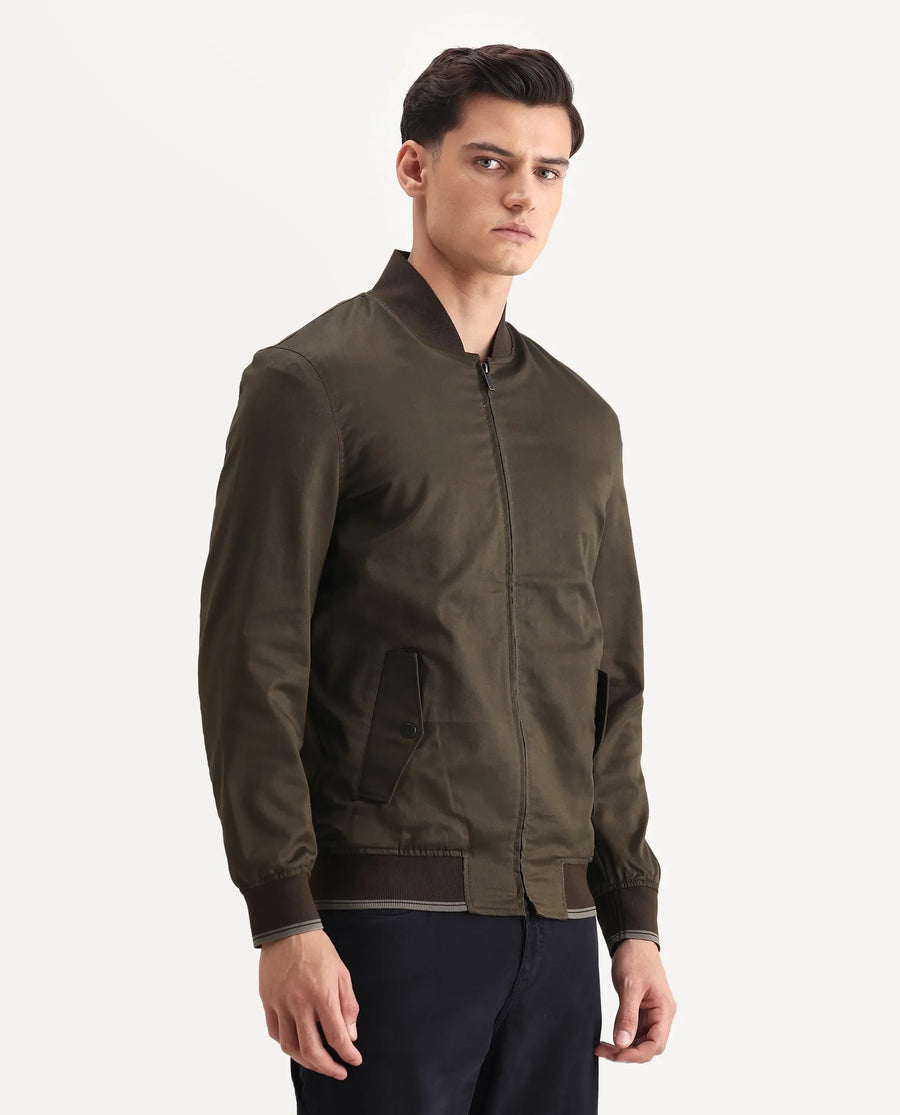Rare Rabbit Men's Bom Olive Polyester Blend Fabric Ribbed Collar Regular Plain Jacket