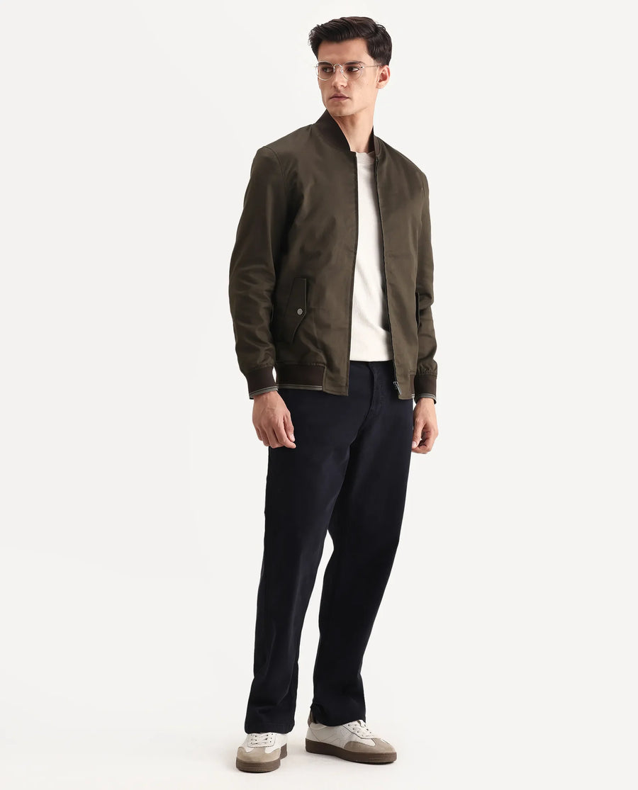 Rare Rabbit Men's Bom Olive Polyester Blend Fabric Ribbed Collar Regular Plain Jacket