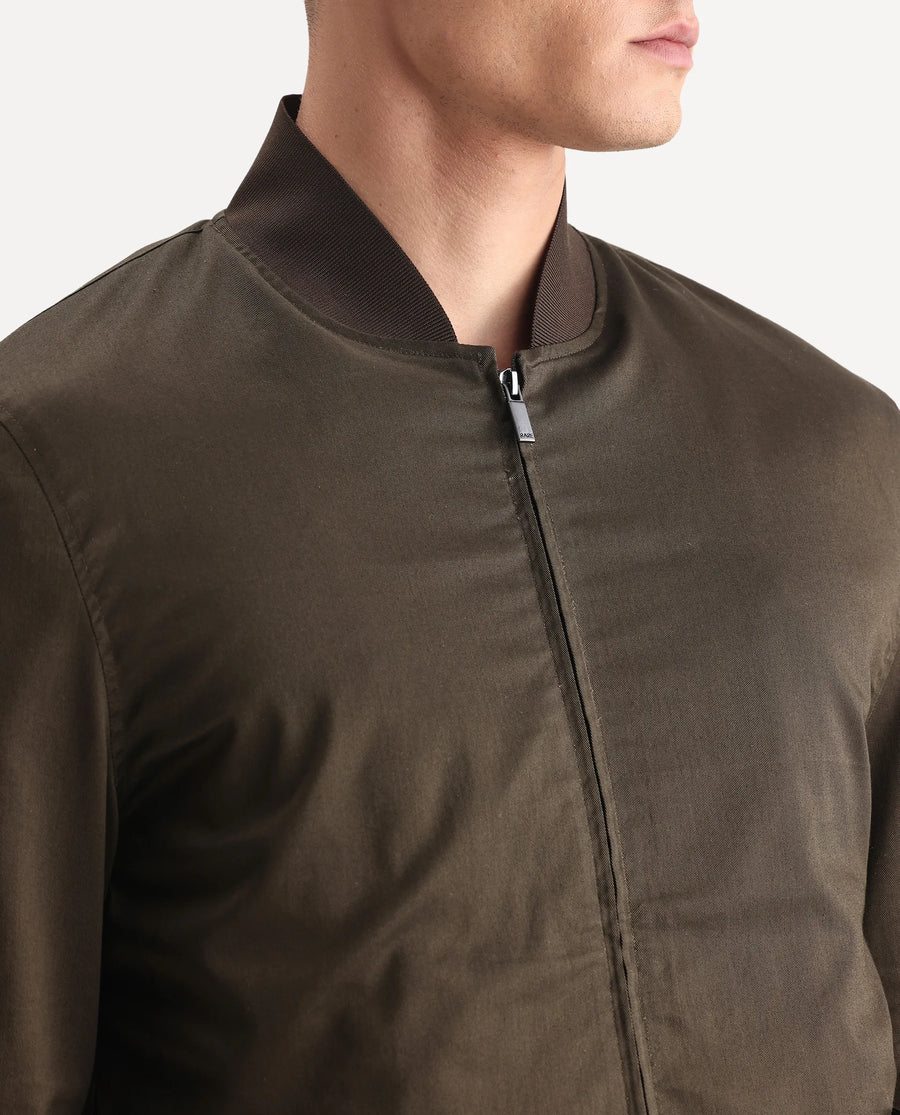 Rare Rabbit Men's Bom Olive Polyester Blend Fabric Ribbed Collar Regular Plain Jacket