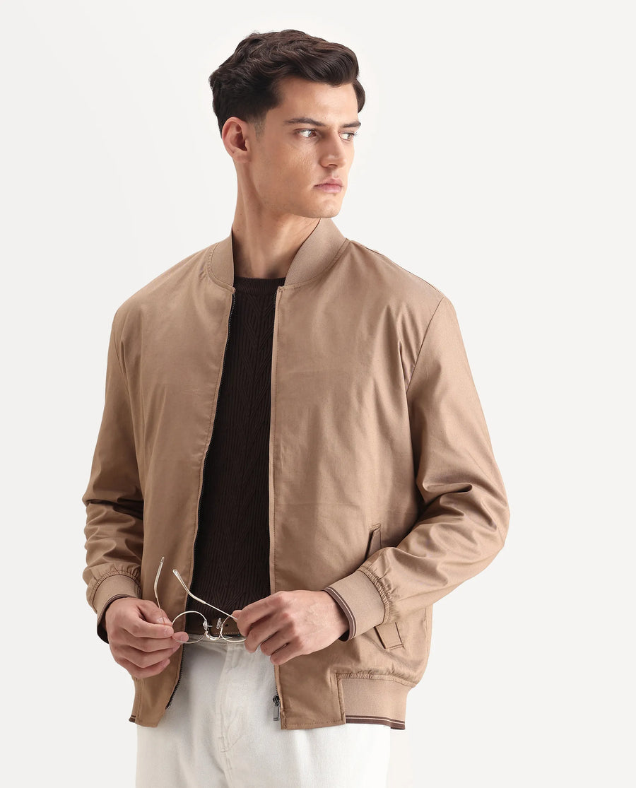 Rare Rabbit Men's Bom Tan Polyester Blend Fabric Ribbed Collar Regular Plain Jacket