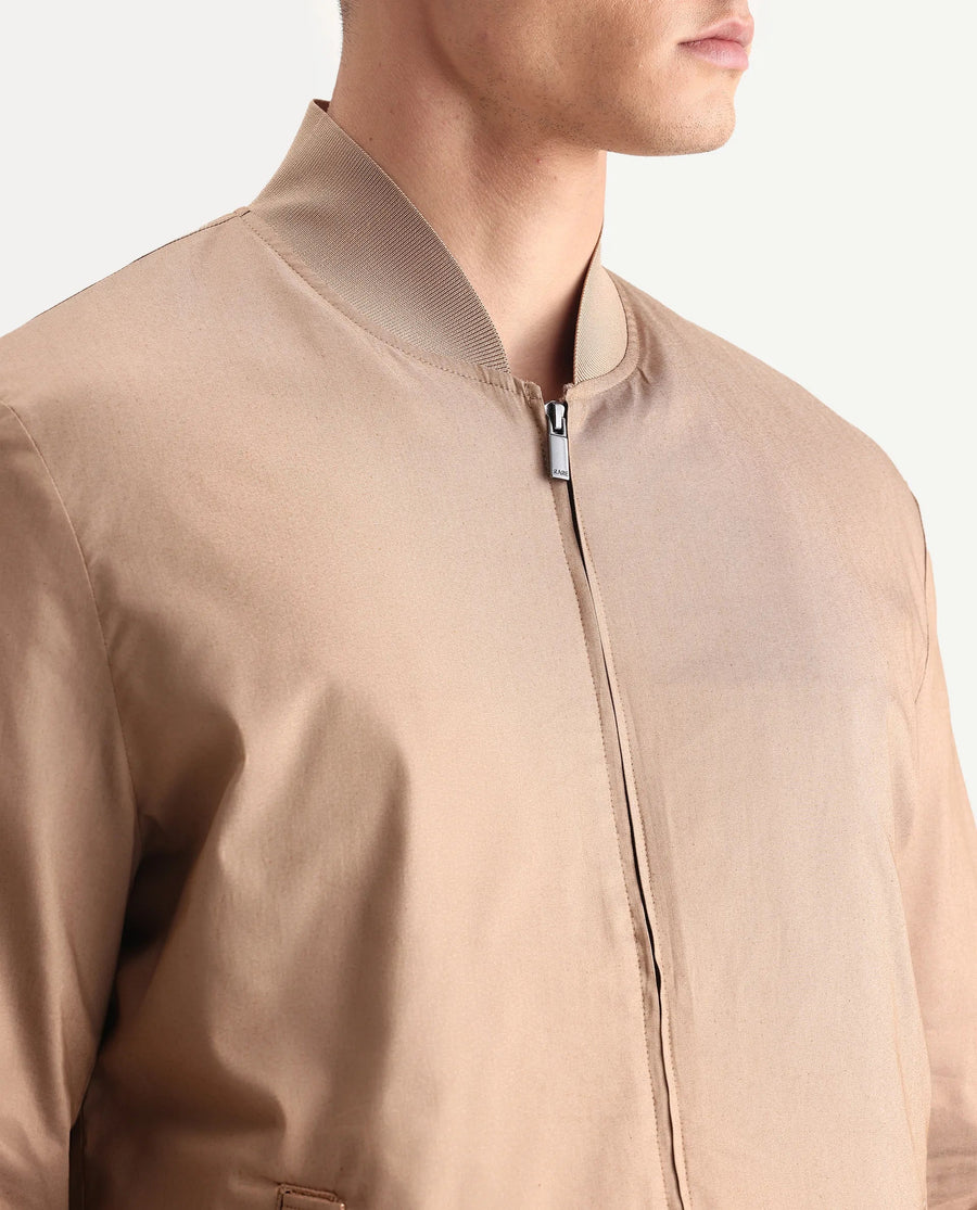Rare Rabbit Men's Bom Tan Polyester Blend Fabric Ribbed Collar Regular Plain Jacket