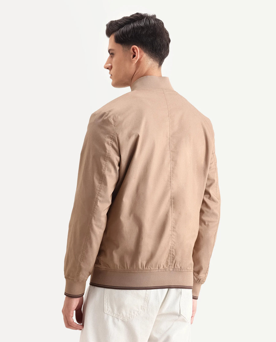 Rare Rabbit Men's Bom Tan Polyester Blend Fabric Ribbed Collar Regular Plain Jacket