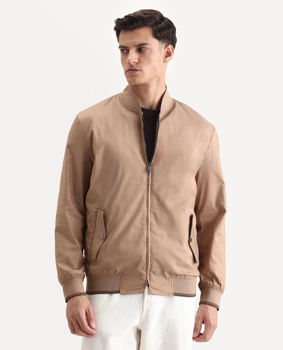 Rare Rabbit Men's Bom Tan Polyester Blend Fabric Ribbed Collar Regular Plain Jacket